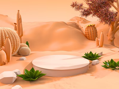 Desert Landscape With Sand Dunes Cacti Tree Pink Flowers White Platform Stones And Green Succulents 3d model