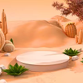 Desert Landscape With Sand Dunes Cacti Tree Pink Flowers White Platform Stones And Green Succulents