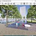 Vibrant Plaza Landscape With Lined Trees Colorful Balloons Water Pool And People Strolling