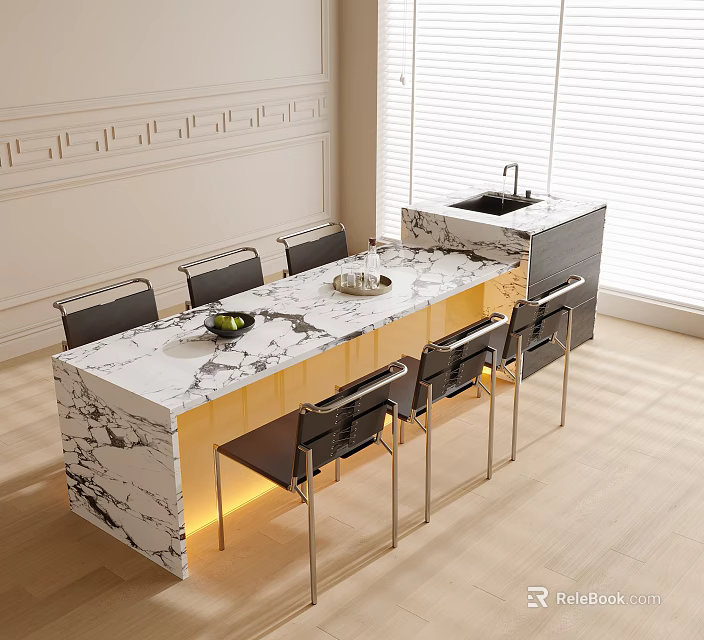 Modern Dining Table And Chairs Set With Marble Countertop In Kitchen Area With Lighting 3d model