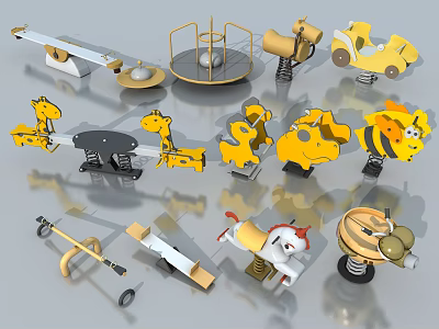 Colorful Children's Playground Equipment With Animal Shaped Spring Riders Seesaws And Spinning Structures 3d model