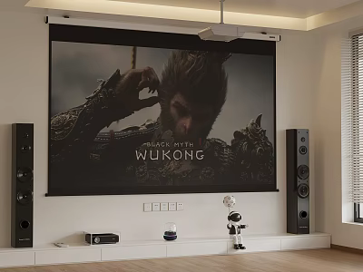 Home Theater Setup With Projector Screen Black Myth Wukong Poster Speakers And Robot Figurine 3d model