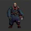Bald Bearded Muscular 3D Character With Blue Coat Red Scarf And Mechanical Gloves