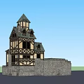 Ancient Medieval Building with Pointed Tower Timber Framed Structure Stone Walls and Multiple Roofs