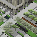 Residential Landscape with Tall Modern Buildings Green Trees Fountains and Lawn Walkways