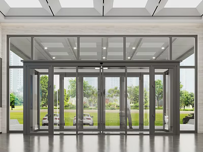 Modern Glass Entrance With Automatic Doors Reflecting Green Lawn And Trees 3d model