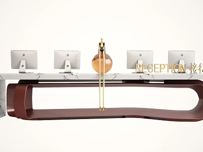 Elegant Modern Reception Desk Interior With Marble Top Wooden Frame And Computer Monitors 3d model