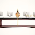 Elegant Modern Reception Desk Interior With Marble Top Wooden Frame And Computer Monitors