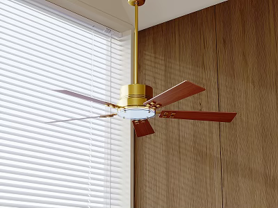 Golden Ceiling Fan Light With Brown Blades Near Window Blinds And Wooden Wall 3d model
