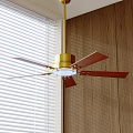 Golden Ceiling Fan Light With Brown Blades Near Window Blinds And Wooden Wall
