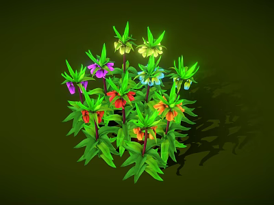 Vibrant Colorful Plants with Green Leaves Purple Red Yellow Blue Flowers on Green Background 3d model