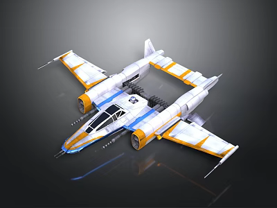 Futuristic Space Shuttle Design With White Blue Yellow Wings And Thrusters In Space 3d model