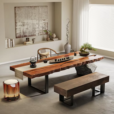 Wooden Tea Table with Bench and Tea Set in Modern Minimalist Room with Natural Light 3d model