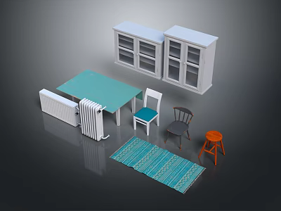 Furniture Set with Green Table White Gray Chairs Cabinet Orange Stool and Green Rug 3d model