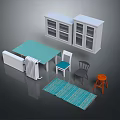 Furniture Set with Green Table White Gray Chairs Cabinet Orange Stool and Green Rug