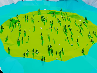 Cartoon Scene with Vibrant Green Circular Grassland Small Trees and Blue Wavy Water 3d model