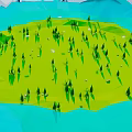 Cartoon Scene with Vibrant Green Circular Grassland Small Trees and Blue Wavy Water