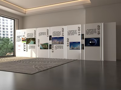 Modern Exhibition Hall Featuring White Display Panels Images Year Markers And Large Windows Dark Flooring 3d model