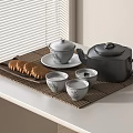 Ceramic Black Gray Tea Set With Tray Bamboo Mat And Biscuits By Window Blinds