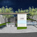 Modern Building Exterior Wall With White Light Blue Panels Green Plants And Trees