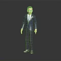 3D Male Character in Blue Suit With Blue Tie and Glasses Standing on Dark Background