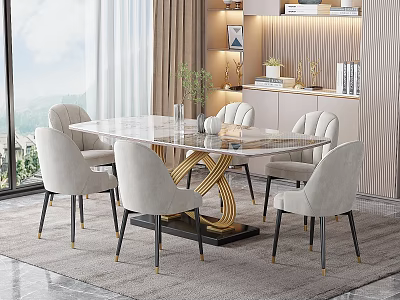Modern Dining Table Set With Glass Top Gold Base And Light Gray Upholstered Chairs 3d model