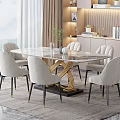 Modern Dining Table Set With Glass Top Gold Base And Light Gray Upholstered Chairs
