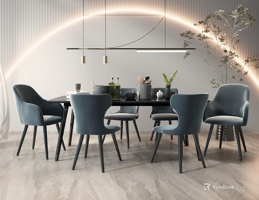 Modern Dining Table Set With Six Blue Chairs And Tabletop Decorations 3d model