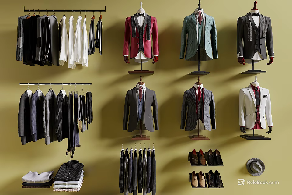 Elegant Clothing Collection Suits Coats Shirts Hanging On Racks And Mannequins With Shoes And Hat 3d model 