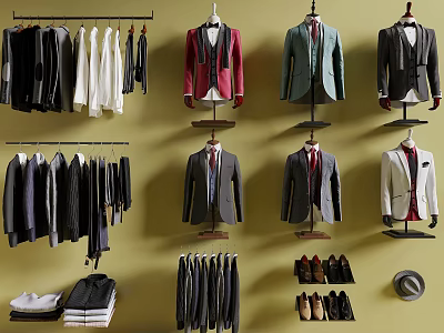 Elegant Clothing Collection Suits Coats Shirts Hanging On Racks And Mannequins With Shoes And Hat 3d model