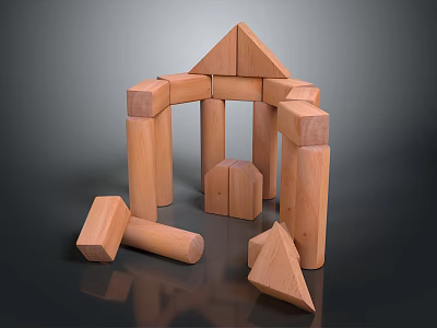 Wooden Building Blocks Assembled Into House Arch Structure With Scattered Pieces 3d model