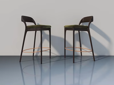 Stylish Brown Bar Stools With Green Cushions And Metal Footrests On Gray Floor 3d model