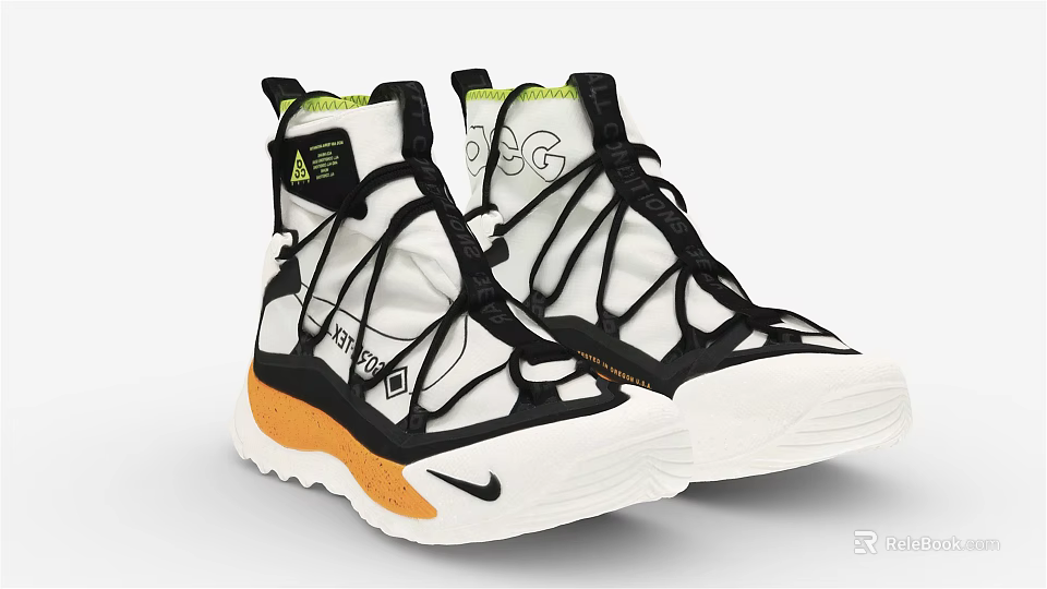 Nike High Top Shoes With White Black Orange Design And Unique Laces Thick Sole 3d model 
