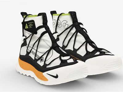 Nike High Top Shoes With White Black Orange Design And Unique Laces Thick Sole 3d model
