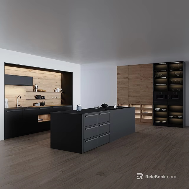 Modern Kitchen Interior With Black Cabinets Wooden Elements And Central Island Counter 3d model 