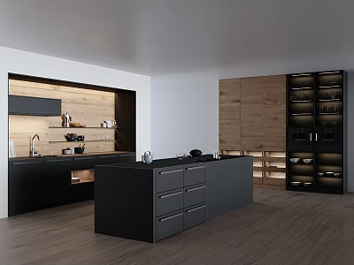 Modern Kitchen Interior With Black Cabinets Wooden Elements And Central Island Counter 3d model