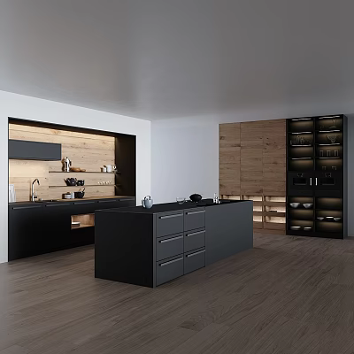 Modern Kitchen Interior With Black Cabinets Wooden Elements And Central Island Counter 3d model