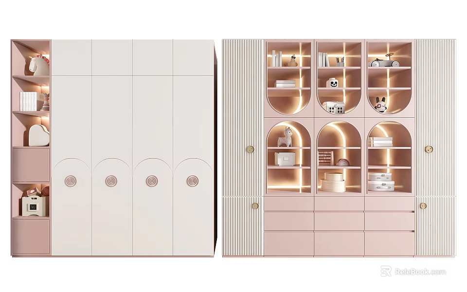 Modern White And Pink Wardrobe Design With Circular Decorations Open Shelves And Lighting 3d model 