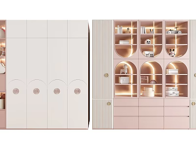 Modern White And Pink Wardrobe Design With Circular Decorations Open Shelves And Lighting 3d model