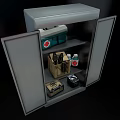 Open Metal Medical Equipment Cabinet with First Aid Kit Instrument Case and Bottles