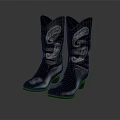 Black Leather Cowboy Boots Featuring Silver Embroidery And Stylish Medium Heel Design