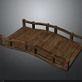 Detailed Traditional Wooden Bridge Structure With Curved Plank Deck And Railings