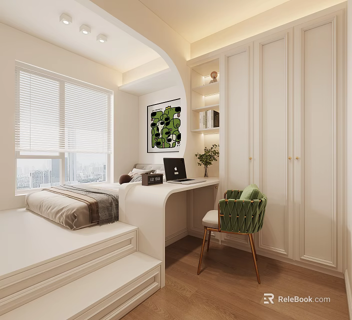 Modern Minimalist Tatami Bedroom With Desk Laptop Green Chair Plant Painting And Blinds 3d model 