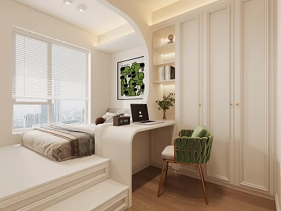 Modern Minimalist Tatami Bedroom With Desk Laptop Green Chair Plant Painting And Blinds 3d model