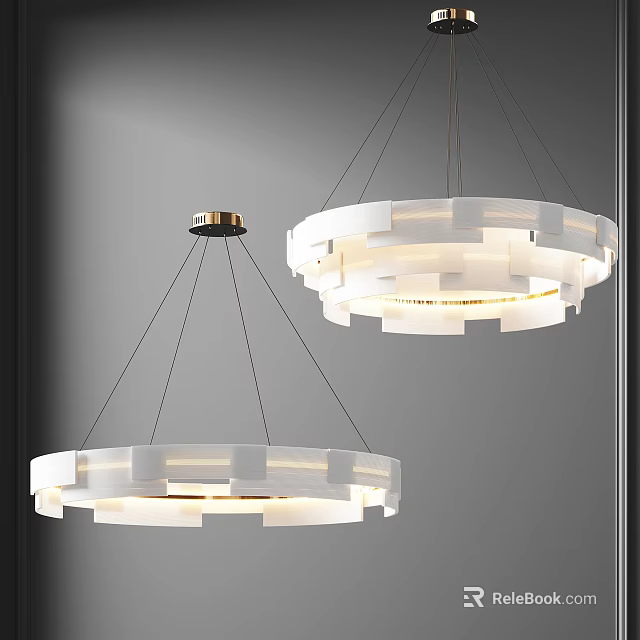 Two Modern White Circular Geometric Block Chandeliers Hanging Illuminated Design 3d model 