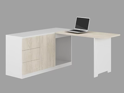Modern Office Workspace With L Shaped White And Wooden Desk Featuring Open Laptop On Top 3d model