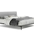 Modern Double Bed With Grey Upholstered Headboard Black Metal Legs And Minimalist Bedding