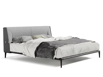 Modern Double Bed With Grey Upholstered Headboard Black Metal Legs And Minimalist Bedding 3d model