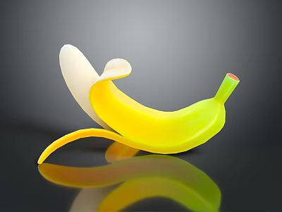 Peeled Yellow Banana With Green Stem White Flesh And Orange Peel On Dark Reflective Surface 3d model
