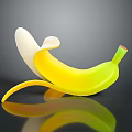 Peeled Yellow Banana With Green Stem White Flesh And Orange Peel On Dark Reflective Surface